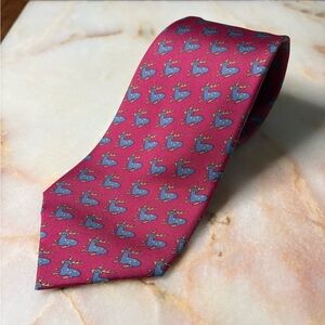 Hermes 100% Silk Red Tie with Blue Deer/Caribou Animal Pattern